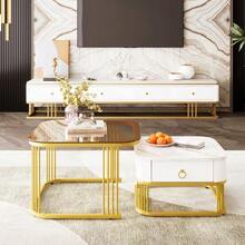 Stackable Coffee Table: Glossy Marble Look, Gold Details, Side Table With Drawers. Set Of Two Pieces. - White 1 - View 6