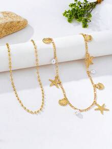 2pcs Bohemian Vacation Style Ocean Series Shell & Starfish Beaded Waist Chain For Women - Yellow Gold - View 3
