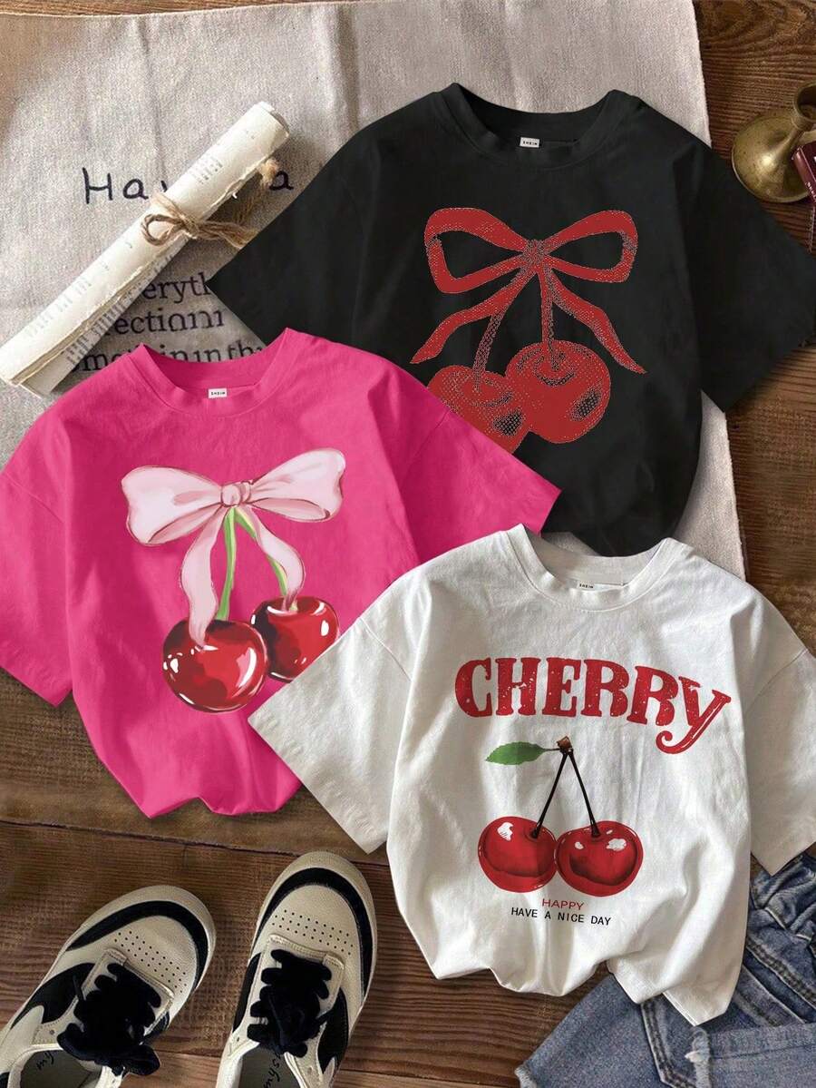 Set de 3 camisetas de manga corta de ajuste ceñido con estampado de cereza en estilo minimalista casual, adecuadas para el verano - Multicolor 2 - Ver 1