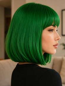 Green 12 Inch Bangs Wig, High Temperature Resistant Synthetic, High Density Comfortable Breathable, Lively Styling, Suitable For All Women Daily Commute And Party Styling - Green - View 4