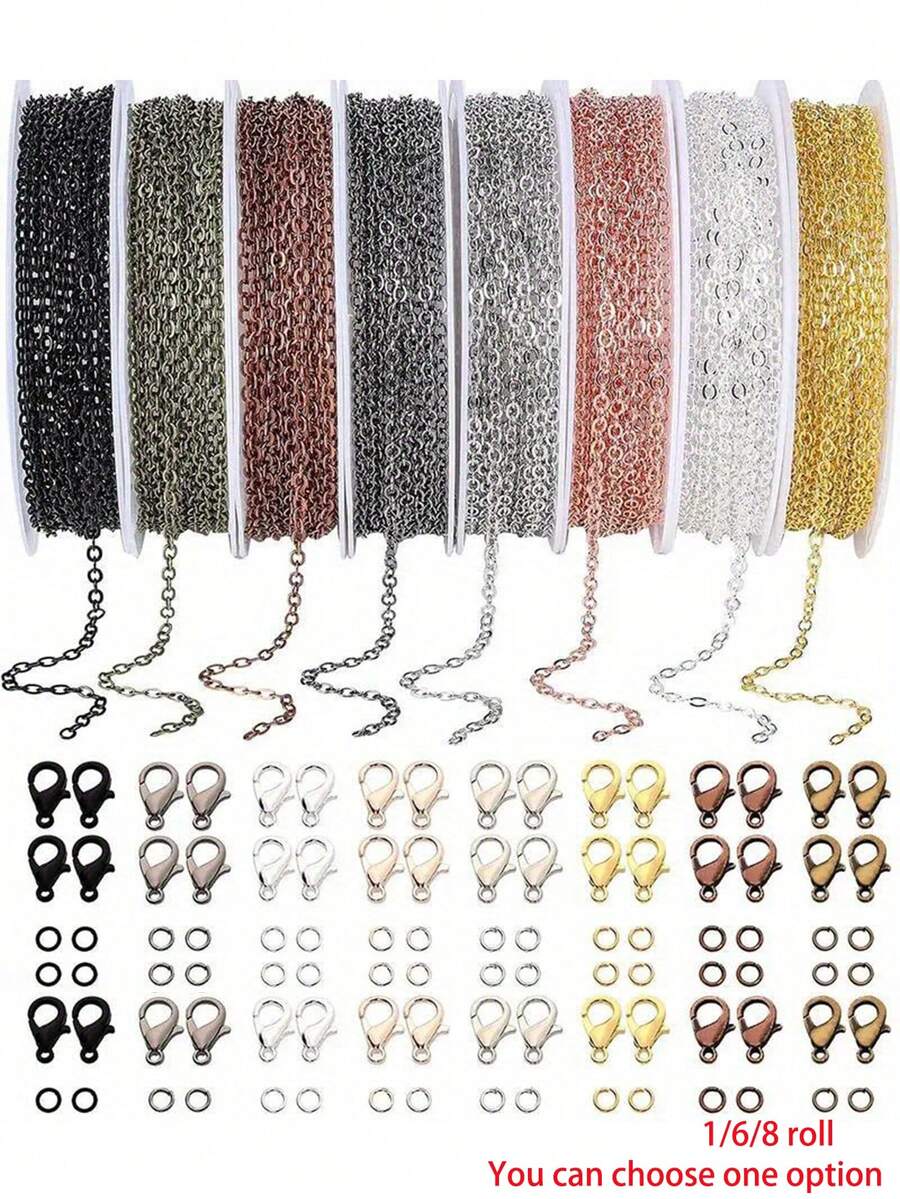 1/6/8 Rolls 3 Meters Long Chain Kit, Includes Jump Rings, Lobster Clasps And Open Rings, Suitable For Making Bracelets, Earrings And Necklaces. 2mm Wide Chain, Jewelry Making Supplies. 8 Colors Available - Multicolor - View 1