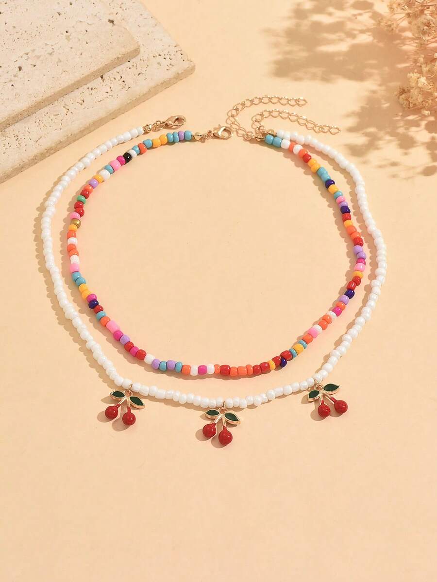 2 piezas Collar de moda dulce y colorido con cuentas de arroz mezcladas, cuentas de arroz blancas, colgante de cereza con cuentas, collar lindo para niñas, collar exquisito de doble capa, adecuado para vacaciones en la playa, uso diario, collar versátil - Multicolor - Ver 1