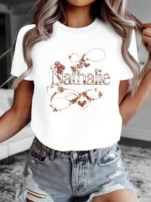 Fadish Nathalie Women's Comfortable Solid Color T-Shirt With Stylish Lettering - White - View 1