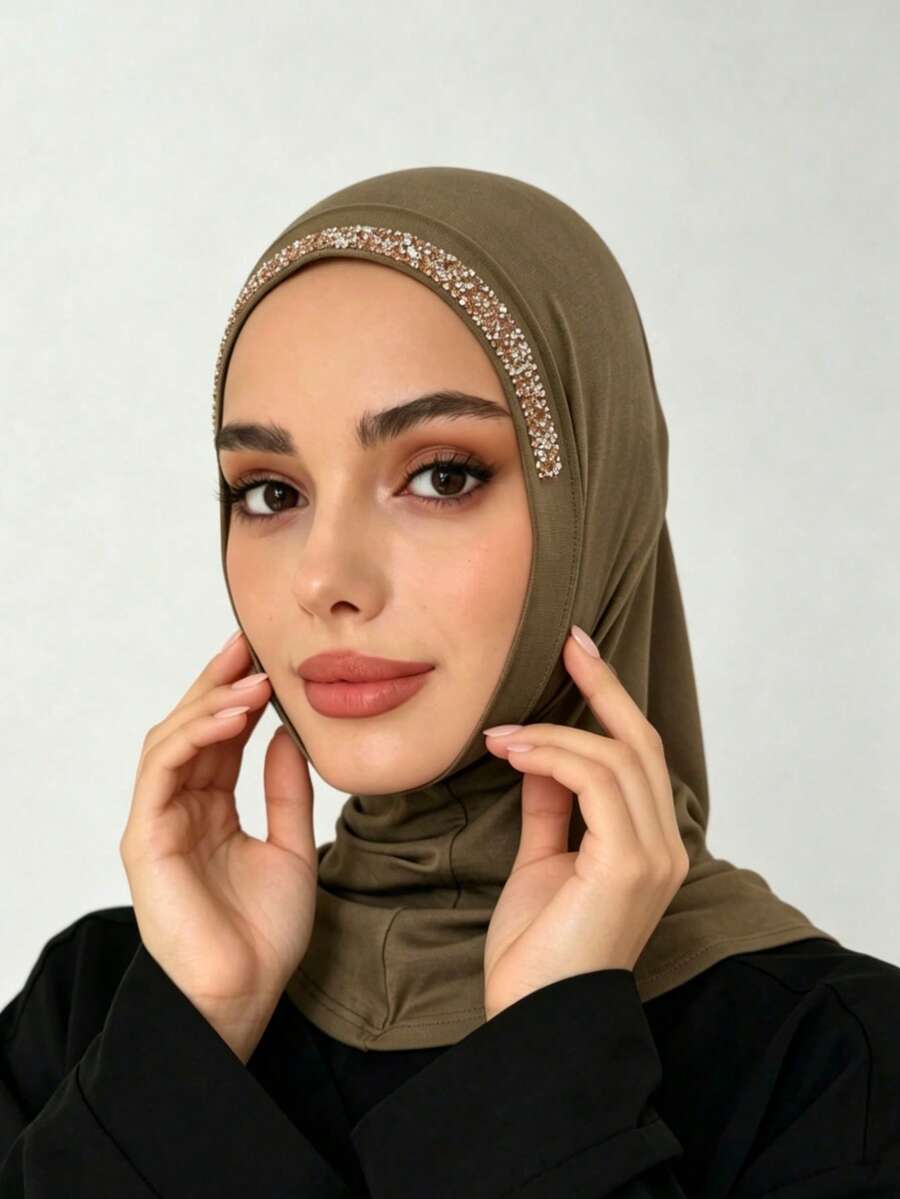 1PC Women's Solid Color Minimalist Balaclava With Rhinestone Decor, Scalloped Edge, Convenient Neck Warmer, Base Headscarf, Sports Neck Gaiter, Elastic Cap, Hijab Cap, Turban, Breathable, Comfortable, Elastic Wide Brim, Sweat-Absorbing, Anti-Slip, Multifunctional Sports Headscarf, Head Cover, Inner Scarf, Suitable For Daily Life, Sports, Yoga, Fitness And Fashion Outfits - Hot-fix Rhinestones - Khaki - View 1