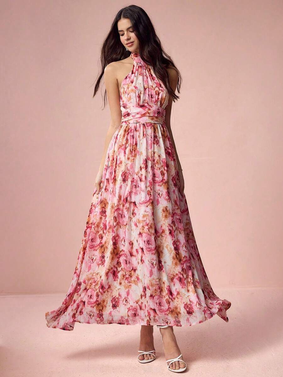 Vestido con estampado floral romántico y sin espalda con lazo para vacaciones de otoño, atuendo dulce y elegante para el Día de San Valentín, fiesta de Navidad, Año Nuevo, cumpleaños, vacaci - Rosa - Ver 1