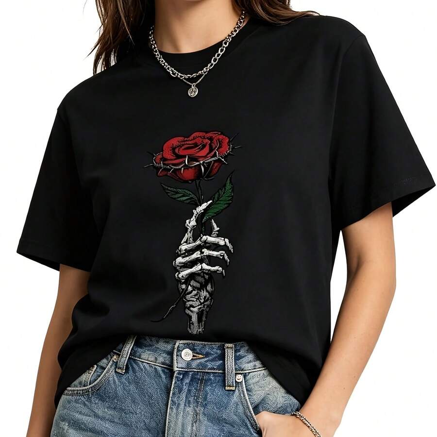MILAKOO Cotton Graphic T-Shirt Punk Goth Style Tops Y2K Print Cute Basic Crew Neck Short Sleeves Tee - Black - View 1
