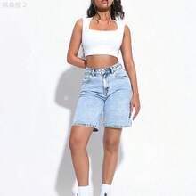 xuehuamaoyi02  PETITE Short bermuda de mezclilla para mujer, de corte holgado y casual, con bolsillos - Azul - Ver 2