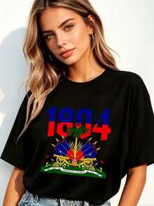 Cotton, Graphic Print, T-Shirt With Haitian Flag Print Of The Haitian Revolution Of 1804, Independence Day, Casual Crew Neck T-Shirt, Short Sleeve, Comfortable. - 黑色 4 - 查看 1