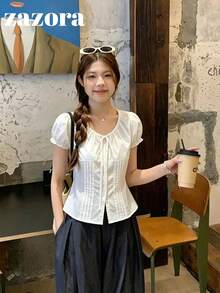 韓式新款甜美修身繫腰設計百搭顯瘦花瓣袖女款白色夏季襯衫上衣 - 白色 - 查看 1