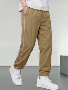 1pc Boys/Teens Minimalist Workout Sports Outdoor Loose Side Stripe Straight Leg Pants, Streetwear Style, Spring/Summer - Khaki - View 10