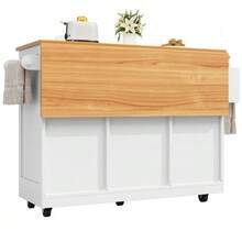 Kitchen Island, Serving Cart With Worktop, Sideboard, Wood-Finish Serving Cart, Side Towel Rack, Three-Dimensional Cupboard Doors On Casters, Adjustable Partitions, White - 白色 - 查看 6