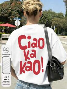 Plus Size Women "Ciao Ka Kao!" Letter Graphic Round Neck Short Sleeve Casual Minimalist Summer White T-Shirt - White - View 1