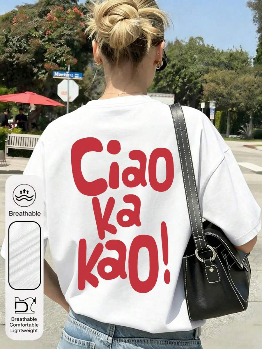 Plus Size Women "Ciao Ka Kao!" Letter Graphic Round Neck Short Sleeve Casual Minimalist Summer White T-Shirt - White - View 1