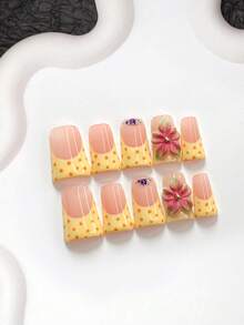 10片甜美風手工穿戴甲，Polygel美甲套組，手工雕花五瓣花，黃色指甲油，清新夏季風，附美甲工具，3種尺寸可選，杏仁/鴨嘴/棺材形，適合派對、跳舞、日常配戴 - 彩色 - 查看 2
