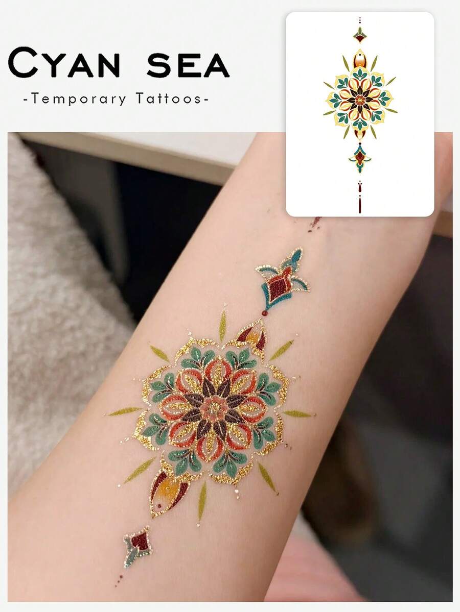 1pc Mandala Floral Totem Pattern Tattoo Sticker, Temporary Tattoo Sticker, Simulated Tattoo Design, Suitable For Travel, Music Festival, Games, Graduation Gifts, Lasts For 3-5 Days - Multicolor - View 1