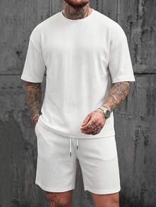 Conjunto de 2 piezas de verano para hombre, camisa de manga corta acanalada blanca minimalista casual y pantalones cortos con cordón - Blanco - Ver 1