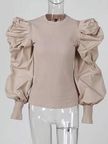 Nuevo modelo 2026:Camisas y suéteres con mangas abullonadas, cuello redondo acanalado y volantes. - Albaricoque - Ver 4