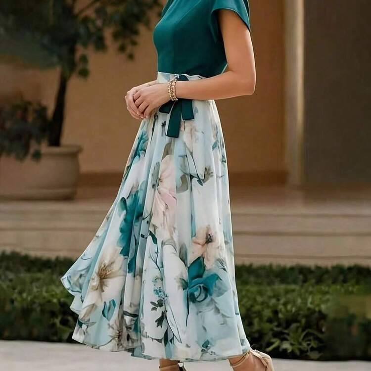 Vestido largo casual y elegante de tela tejida con estampado floral, adecuado para uso diario y todas las temporadas de vacaciones de verano - Naranja Quemada - Añade 4