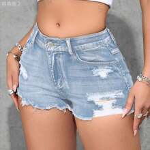 xuehuamaoyi02  PETITE Short de jean desgastado para mujer con bolsillos, informal y versátil - Lavado ligero - Ver 1