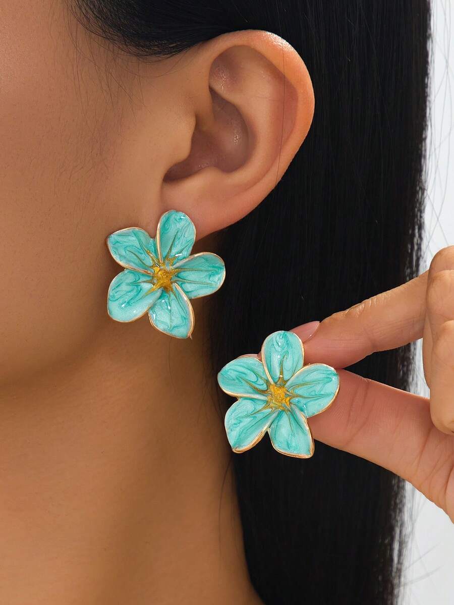 1對夏季度假海灘風浪漫優雅精緻奢華手工滴油清新扶桑花女款耳釘,送給她 - 綠色 - 查看 1