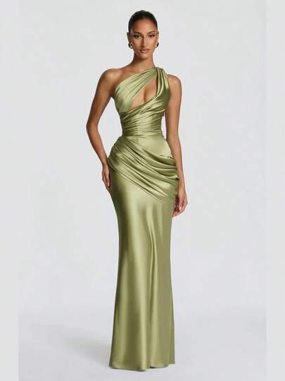 2026 Summer New Arrival One-Shoulder Satin Long Dress Women Elegant Cutout Ruched Mermaid Slim Evening Party Gown Vestido
