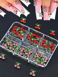 30 piezas/Caja Decoración de Arte de Uñas 3D de Cereza Diamante Mixta, Con Hojas Verdes y Tallos, Perfecto para la Fabricación de Joyas y Manualidades, Colgantes de Joyería y Encantos de Uñas - Multicolor - Ver 6