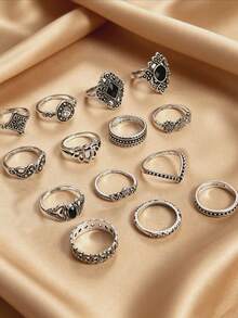 1 set de anillos apilables para mujer estilo retro europeo y americano, diseño de loto hueco, corona con incrustaciones de diamantes de imitación, gota de aceite colgante, 14 piezas - Plata antigua - Ver 3