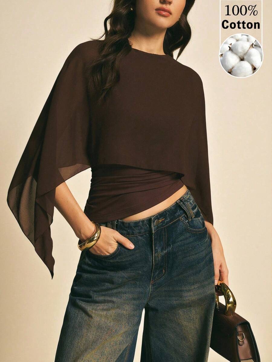 Elegant Women's Blouse With A Solid-Color Shawl Collar - 摩卡棕 - 查看 1