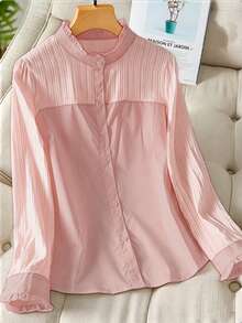 Blusas de poliéster de unicolor con botones para el hogar, vacaciones, uso diario, noche, citas, primavera y otoño - Rosa Pálido - Ver 6