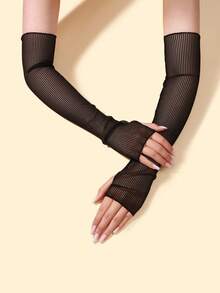 1 Pair Long Fingerless Black See-Through Striped Arm Sleeves, Sheer Striped Long Gloves Sun Protection Arm Covers, Suitable For Women's Wedding, Party And Stage Performance - Black - View 2