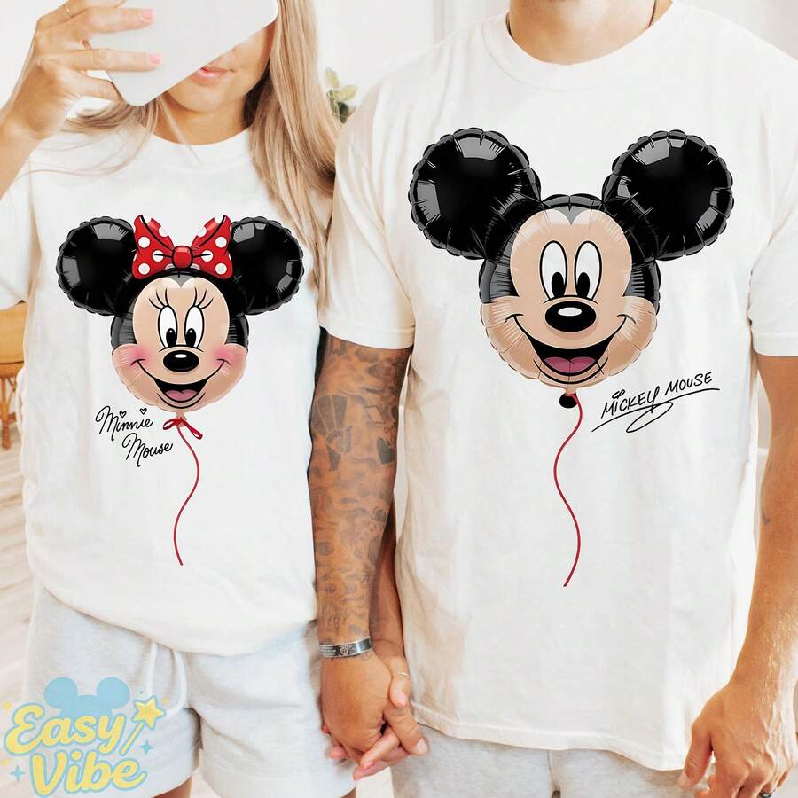 Disney Paarpassendes Unisex-Baumwoll-T-Shirt con niedlichem Mickey-Min-Ballongrafikdruck, einfaches Rehals-Kurzarmshirt in weicher Baumwolle, loc - Uomo bianco - Visualizzare 1