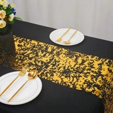 1 Roll Black And Gold Foil Stamped Table Runner, Durable And Wear-Resistant, Polyester Fiber Material, Solid Color Exquisite, Elegant And Personalized, Suitable For Outdoor Gatherings, Birthday Parties, Business Banquets, Holiday Celebrations, Tabletop Decoration, Protection And Concealment - View 4