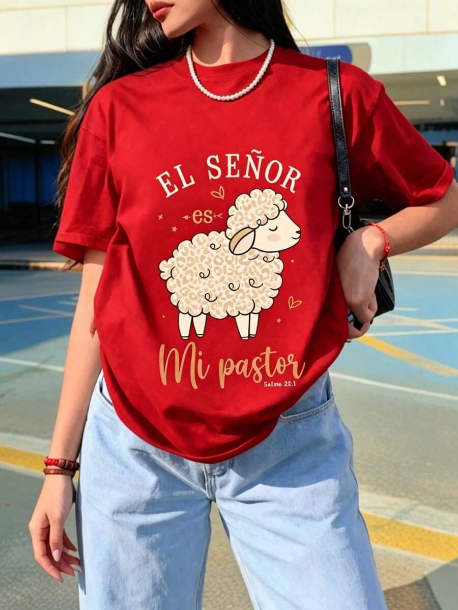 NewSummerCasual Women's Oversized Black T-Shirt With Fun Print "The Lord Is My Shepherd" Psalm 23:1, Short Sleeve Casual Christian Religious Shirt, Ideal For Daily Wear, Church And Gift, Something - 紅色 - 查看 1