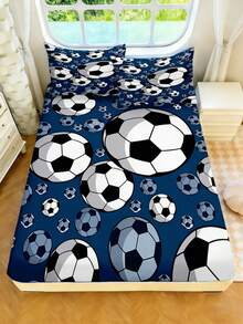 2/3 Stücke blaue Fußball-Muster Kinderbettlaken, cooler Sportstil Polyester-Bettlaken, rutschfeste atmungsaktive Matratzenauflage, geeignet für Jungenzimmer, Fan-Zimmer, alle Jahreszeiten - Verschiedenfarbig - Übersicht 1