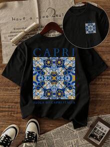Men's Short-Sleeved T-Shirt With Floral And Letter Print, Comfortable And Breathable, For Summer Wear - 黑色 - 查看 1