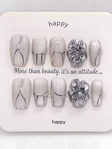 10Pcs Handmade Press On Nails Short Coffin, Luxury Elegant Metallic Silver White Cat Eye Hand Painted Line Rhinestone Flower Acrylic Fake Nails For Women Daily Wear Press On Nail Set - Follow Your Heart - View 5