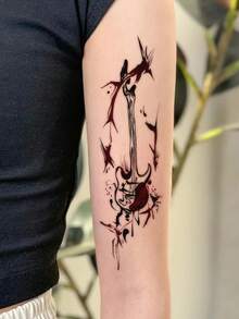 1 pieza Tatuaje temporal con patrón de grafiti de guitarra borroso de tinta oscura, diseño de tatuaje simulado, adecuado para viajes, festivales de música, juegos, regalos de graduación, dura de 3 a 5 días - Multicolor - Ver 7