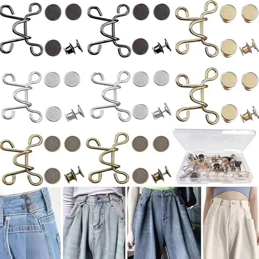 48pcs Adjustable Waist Buckle Extender Set, 8pcs/4 Styles Denim Button Pin Waist No-Sew Pants Clips (No Box)