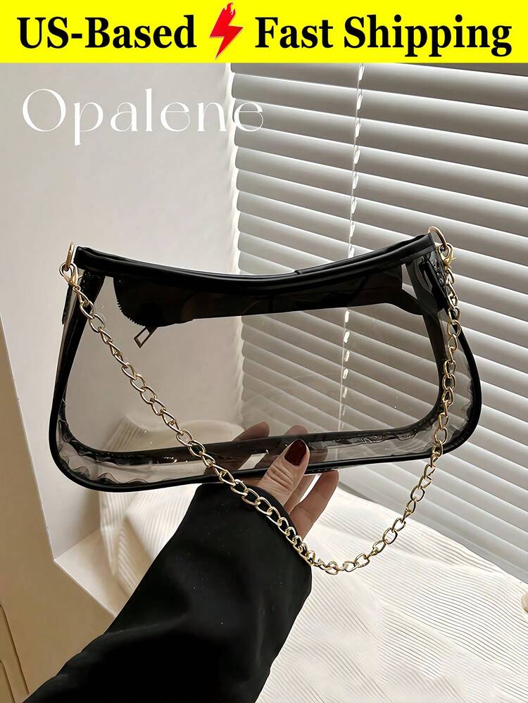 Clear PVC Baguette Shoulder Bag Stadium Approved Transparent White/Black/Brown Gold Chain Purse Slim Underarm Crossbody Handbag Concert Sports Events - 彩色 - 查看 1