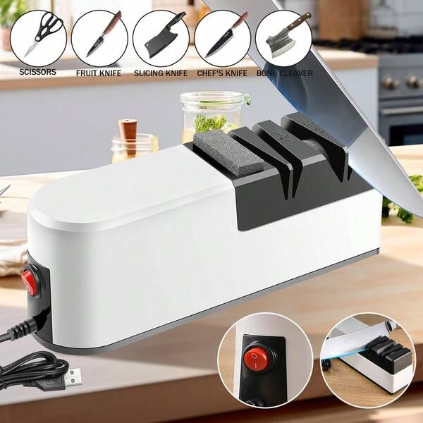 4-Slot Electric Knife Sharpener, USB Powered Kitchen Knife Sharpener, Professional Knife Tool For Straight & Serrated Blades, Restores Dull Knives Fast, Home Kitchen Restaurant Gift (White)