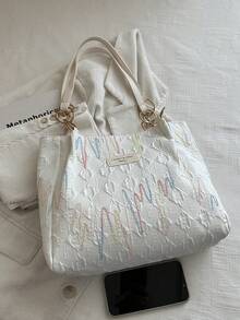 1pc Colorblock Striped Patchwork Polyester Large Capacity Zipper Fashion Shoulder Bag Suitable For Women's Daily Use - White - View 3