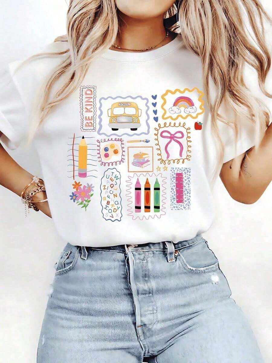 TrendyPlayera de mujer de algodón 100% con estampado colorido, diseño artístico divertido y moderno, estilo casual, cuello redondo, suave, transpirable y perfecta para uso diario o veranoEve - Blanco - Ver 1