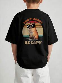 Children's Retro Style Capybara Pattern T-Shirt, Fun Slogan Print Casual Short Sleeve Summer Top - Black - View 7