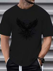 Summer Men's Crew Neck Short Sleeve Solid Color T Shirt, Breathable Comfortable Versatile Eagle Compass Print Casual Tops For Daily Outdoor Wear - Black - View 3