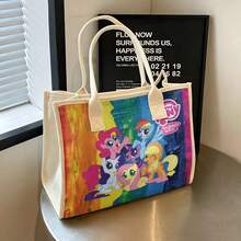 Miniso Túi Tote Vải Canvas In Nhóm Nhân Vật Chính Little Pony, Nền Gradient Cầu Vồng Rực Rỡ, Dung Tích Lớn, Túi Xách Tay Đeo Vai Phong Cách Casual - trắng - Xem 1
