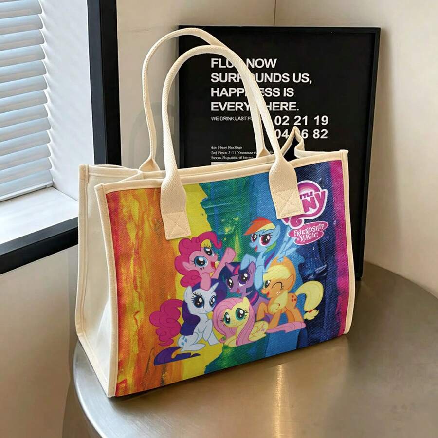 Miniso Túi Tote Vải Canvas In Nhóm Nhân Vật Chính Little Pony, Nền Gradient Cầu Vồng Rực Rỡ, Dung Tích Lớn, Túi Xách Tay Đeo Vai Phong Cách Casual - trắng - Xem 1