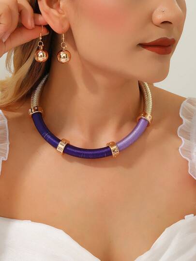 1 Set eleganter Stil Fadenumwickeltes Schmuckset, lila Farbverlauf Choker Halskette & Goldkugel Tropfen Ohrringe für Frauen, Party & Alltag