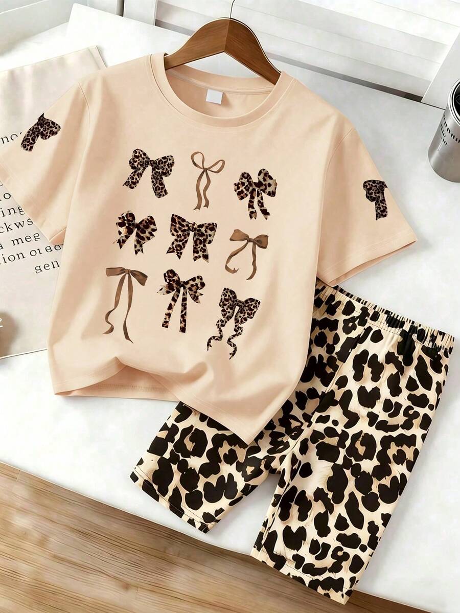 2pcs/Set Girls' Leopard Print Casual Minimalist Short Sleeve Top And Shorts Set, Suitable For Summer - Apricot - View 1