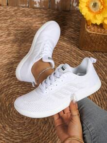 Women's Plus Size Wide Toe Box Athletic Shoes, Front Lace-Up, Breathable Striped Mesh, Lightweight Soft Versatile Casual Daily Wide Toe Box Sneakers - White - View 2