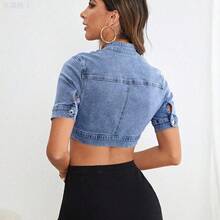 jianchaimaoyi02   Blusa corta de mezclilla de manga corta con botones delanteros lisos - Blanco - Ver 4